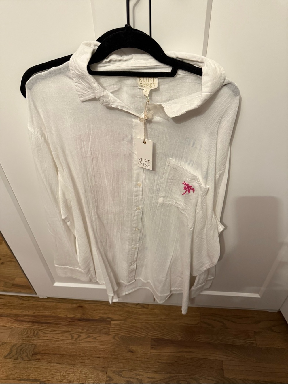 Surf Gypsy White Button-Up Shirt with Pink Palm Detail cover up